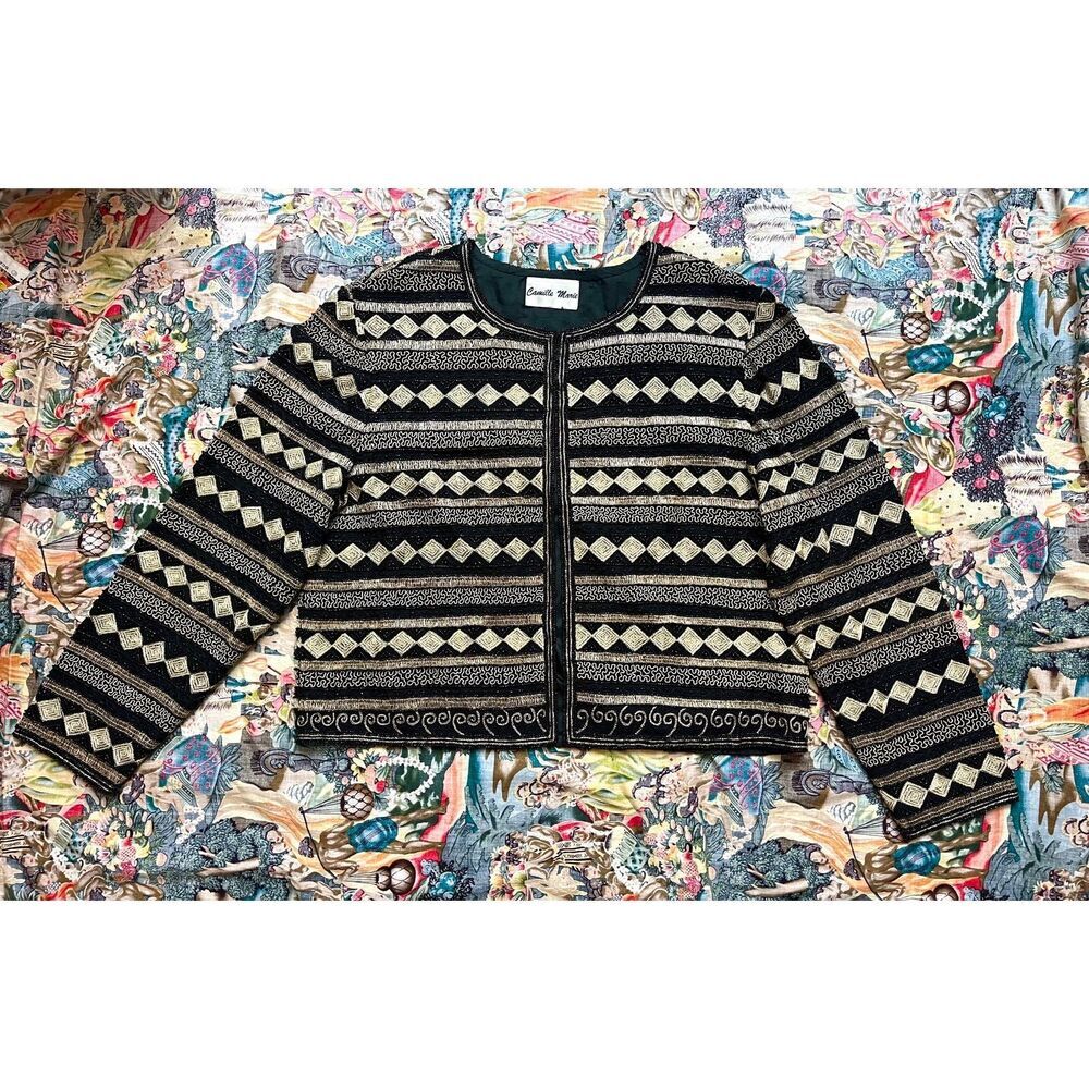 Vintage 1980s Black Gold Beaded Harlequin Deco Pattern Sz M Cardigan Jacket